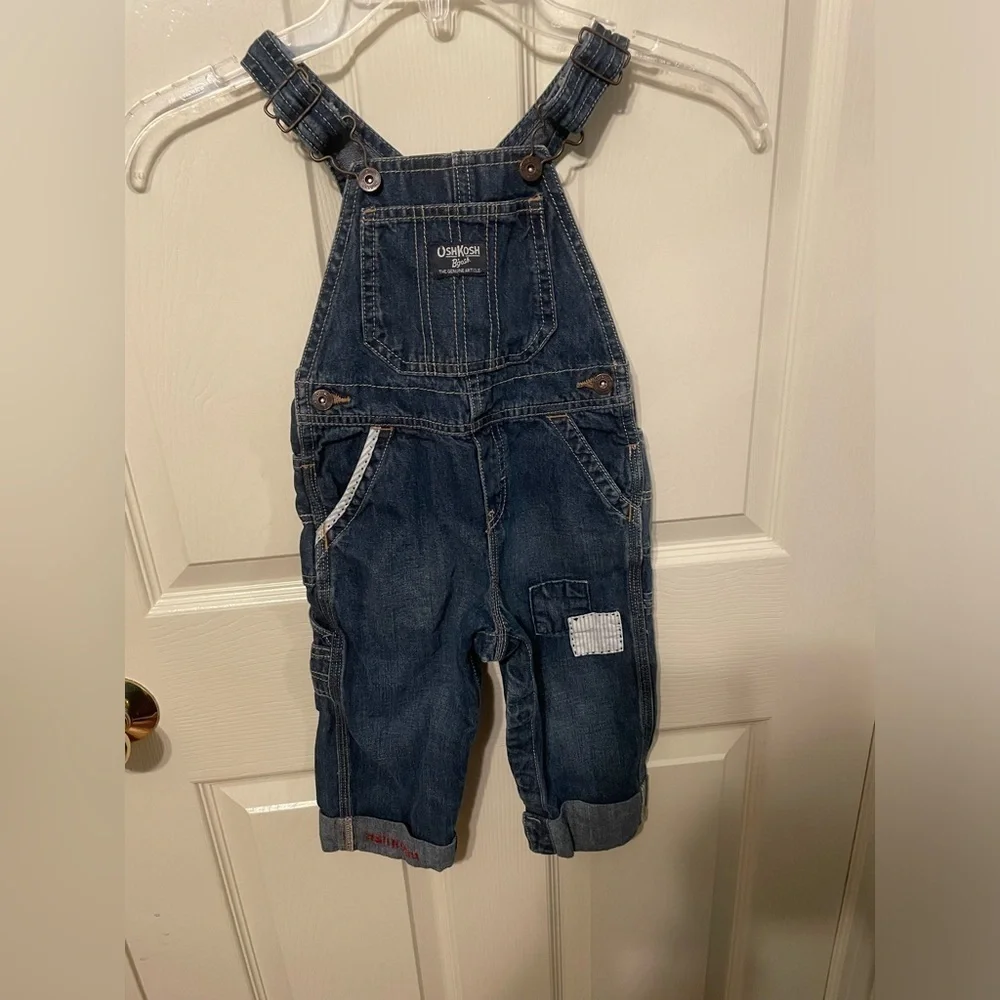 Osh Kosh Denim overalls with patches and spell out